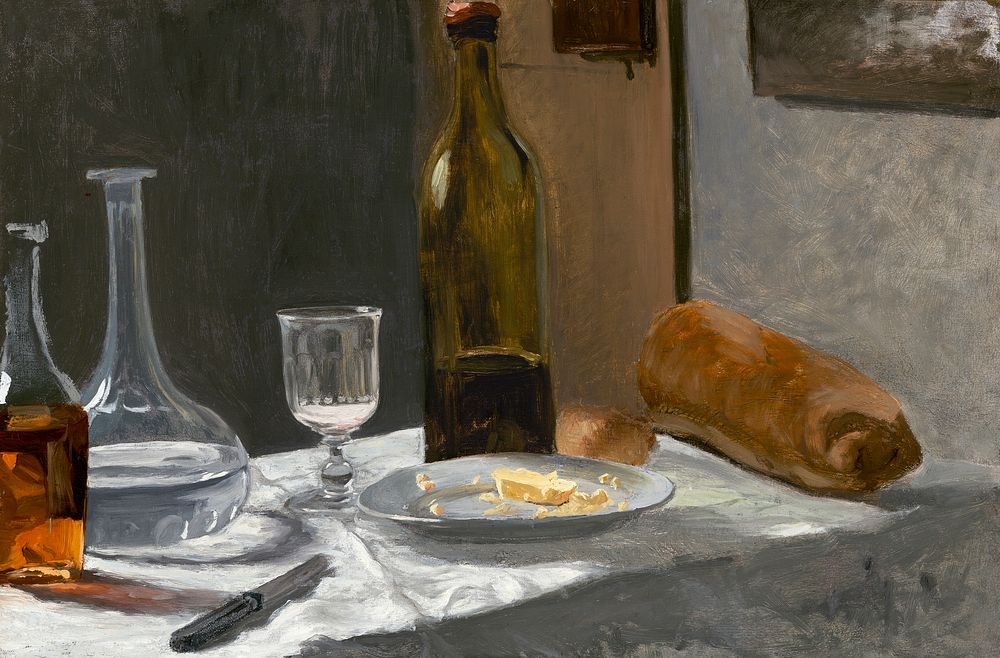 Still Life with Bottle, Carafe, Bread, and Wine (1862&ndash;1863) by Claude Monet. Original from the National Gallery of…