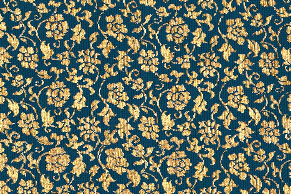 Vintage gold floral psd pattern background, featuring public domain artworks