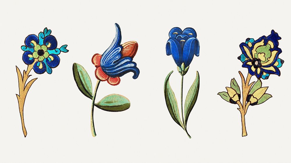 Vintage blue flower illustration psd set, featuring public domain artworks