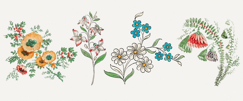 Vintage flower illustration psd set, featuring public domain artworks