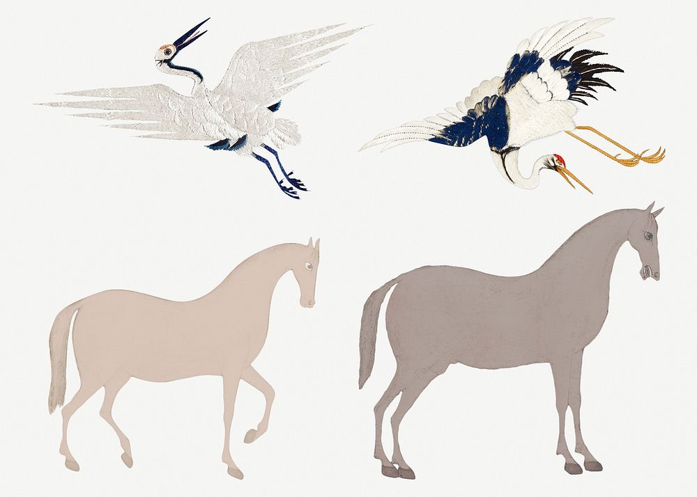 Vintage psd bird embroidery and horse illustration set, featuring public domain artworks