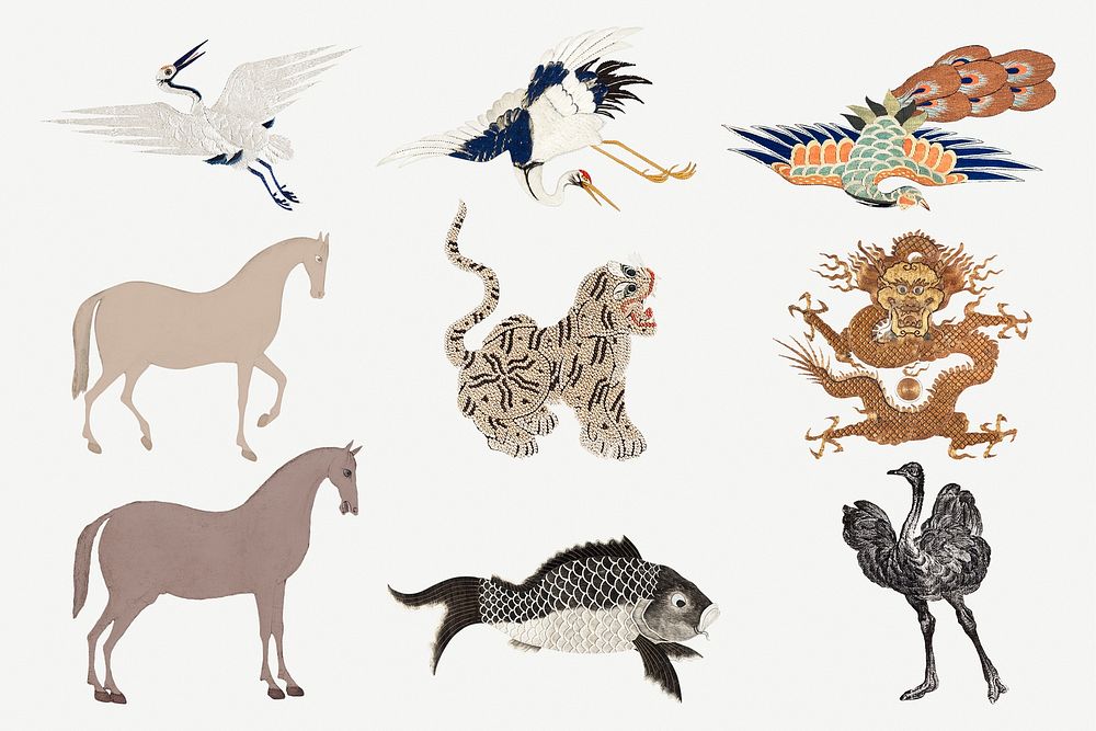 Vintage psd animal embroidery and illustration set, featuring public domain artworks