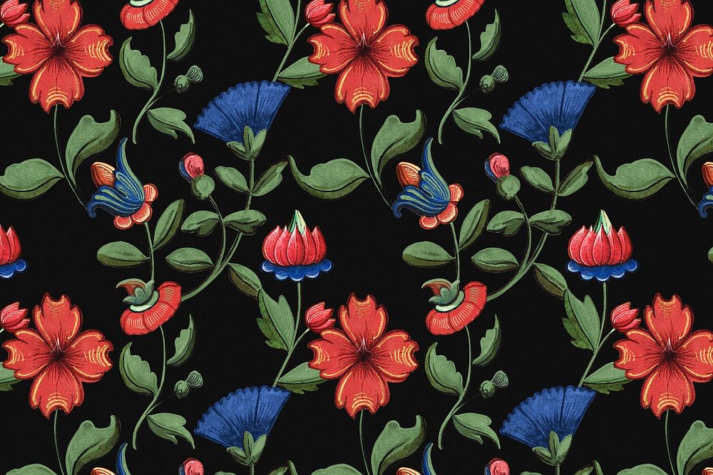 Vintage red and blue floral pattern background psd, featuring public domain artworks