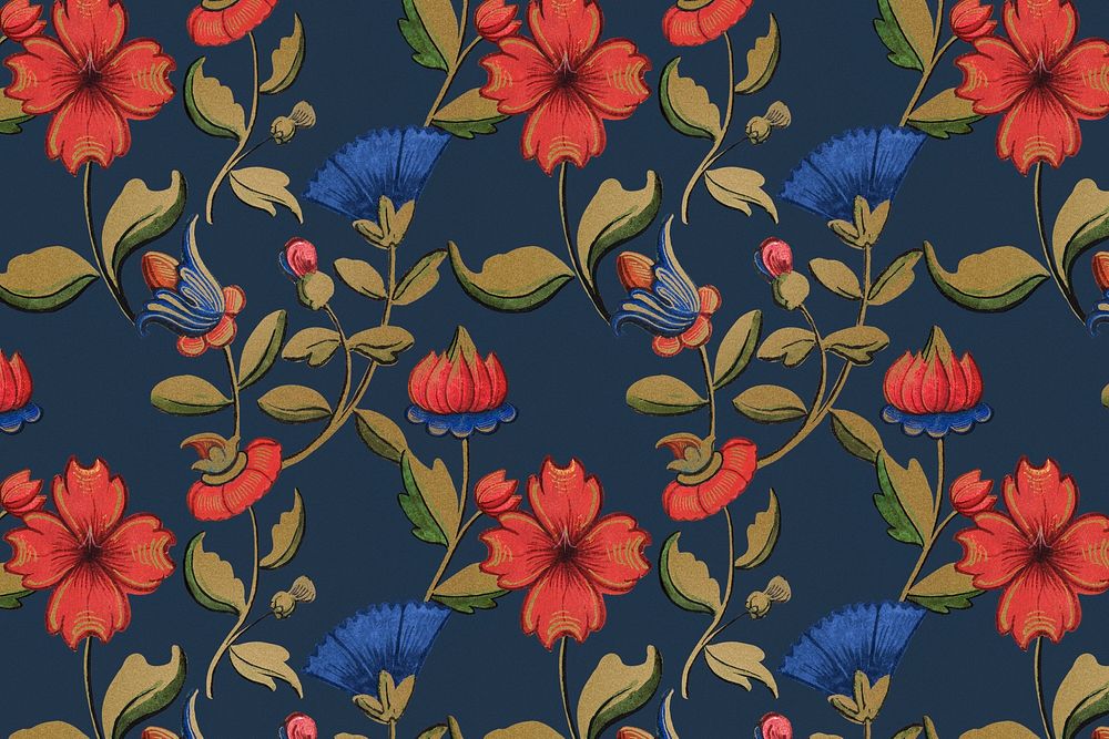Vintage red and blue floral pattern background, featuring public domain artworks