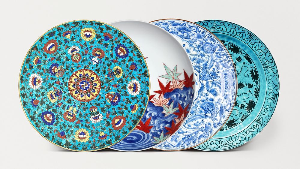 Vintage psd floral ceramic plate set, featuring public domain artworks