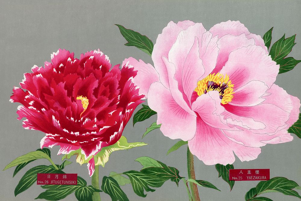 Peony blossom, pink & red flower, vintage print from The Picture Book of Peonies by the Niigata Prefecture, Japan. Digitally…
