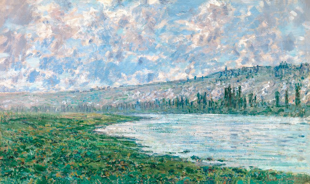 The Seine at V&eacute;theuil (1880) by Claude Monet, high resolution famous painting. Original from MET. Digitally enhanced…