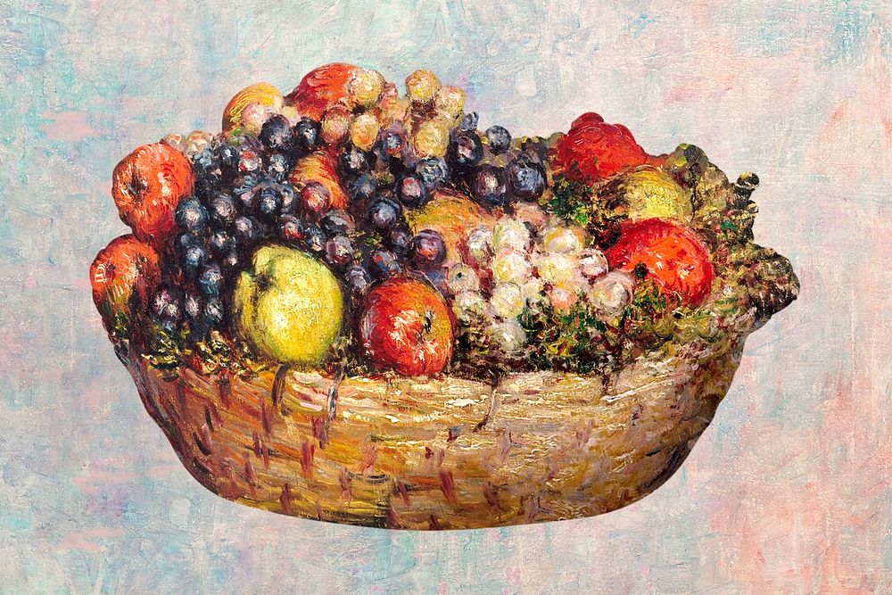 Fruits in a basket psd remixed from the artworks of Claude Monet.
