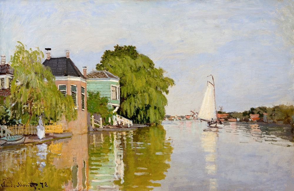 Houses on the Achterzaan (1871) by Claude Monet, high resolution famous painting. Original from The MET. Digitally enhanced…