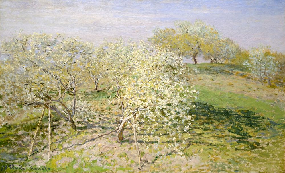 Spring (Fruit Trees in Bloom) (1873) by Claude Monet, high resolution famous painting. Original from The MET. Digitally…