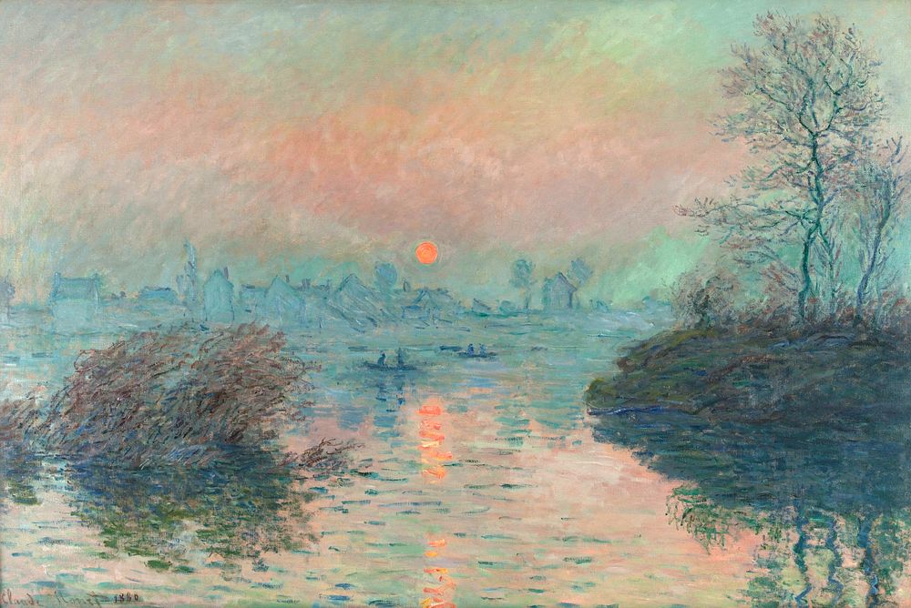 Sun setting on the Seine at Lavacourt (1880) Claude Monet, high resolution famous painting. Original from The Public…
