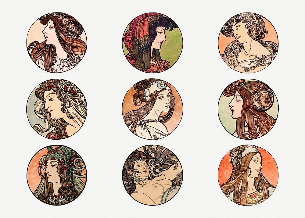 Art nouveau woman illustration psd set, remixed from the artworks of Alphonse Maria Mucha