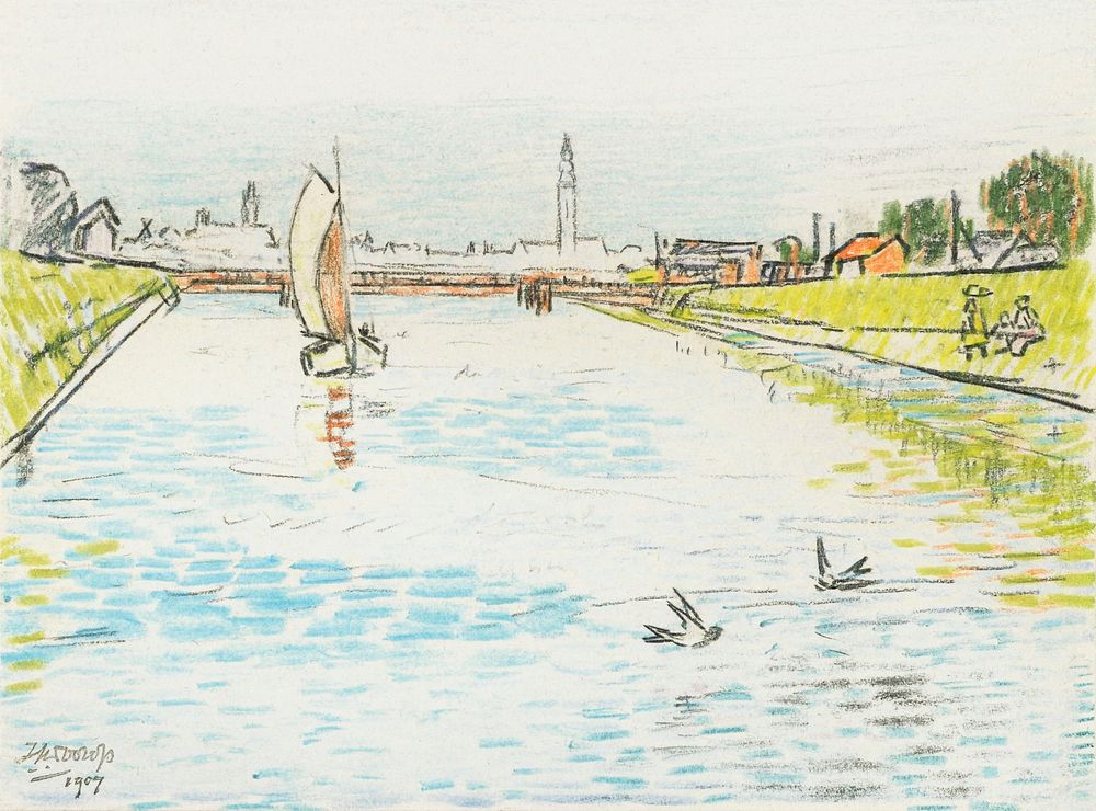 View of a Canal with a Sailing Ship (1907) by Jan Toorop. Original from The Rijksmuseum. Digitally enhanced by rawpixel.