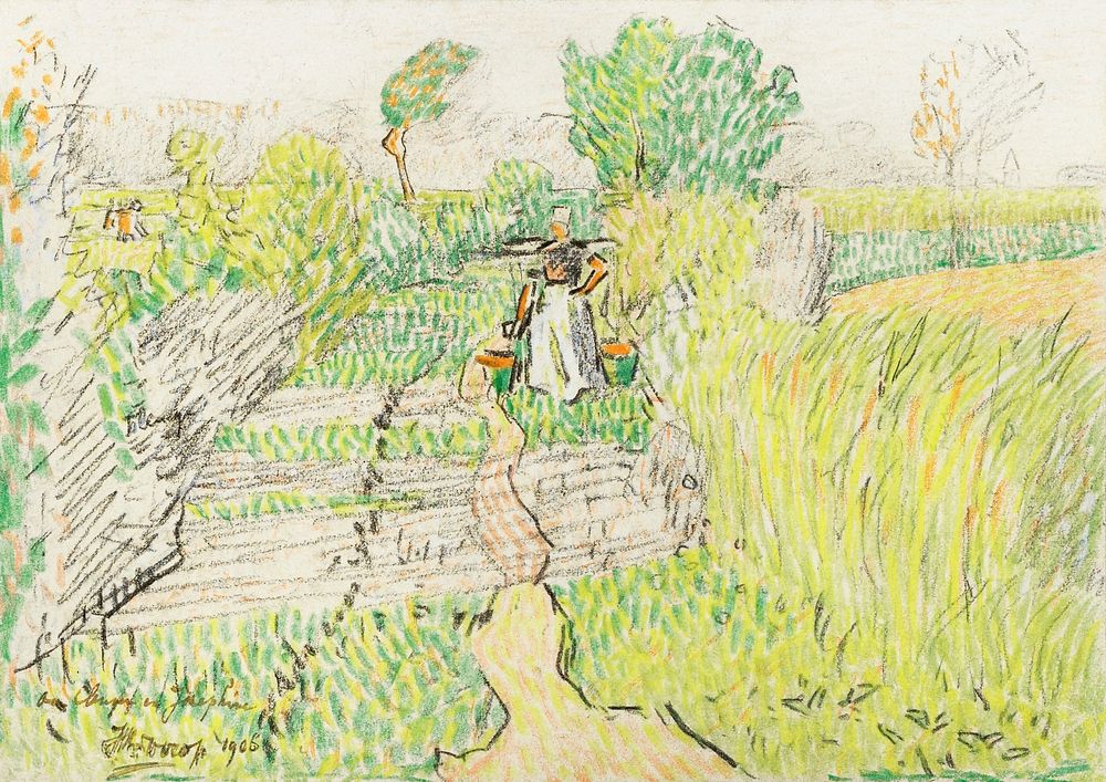 Peasant woman with milk buckets on her shoulders, walking through a wheat field (1906) by Jan Toorop. Original from The…
