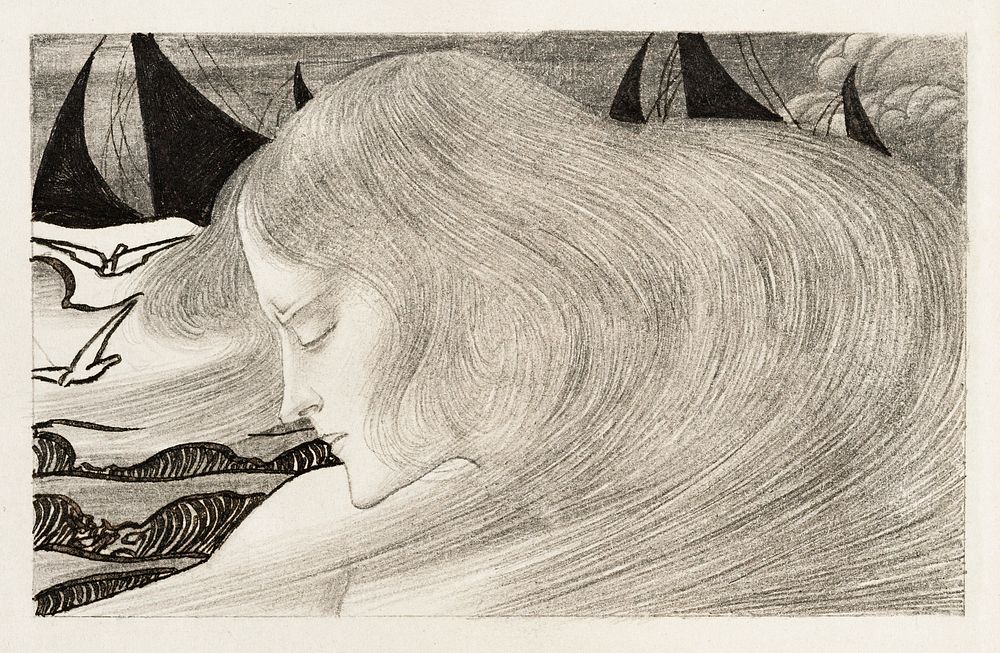 Young woman with wavy hair in front of a sea with ships (1900) by Jan Toorop. Original from The Rijksmuseum. Digitally…