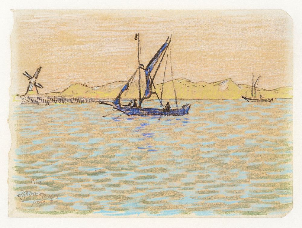 Sailing boats off the coast of Domburg (1907) by Jan Toorop. Original from The Rijksmuseum. Digitally enhanced by rawpixel.