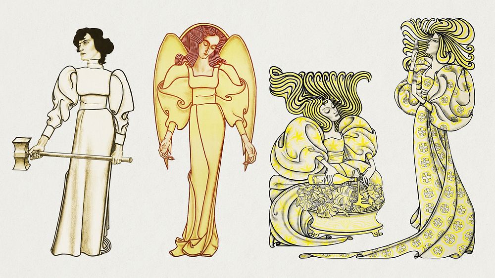 Art nouveau women psd with different activities set, remixed from the artworks of Jan Toorop.