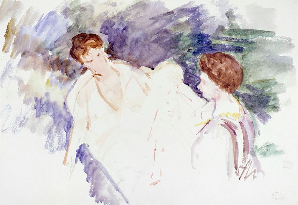 Etude pour "Le Bain" : Deux femmes et un enfant dans une barque (1910) by Mary Cassatt. Original portrait painting from The…
