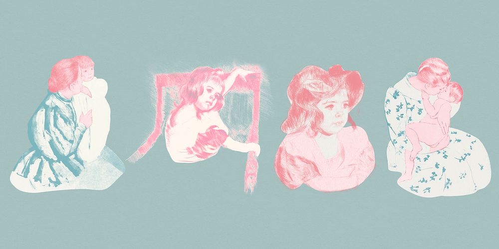 Vintage hand drawn mother and her child illustration set, remixed from the artworks of Mary Cassatt.
