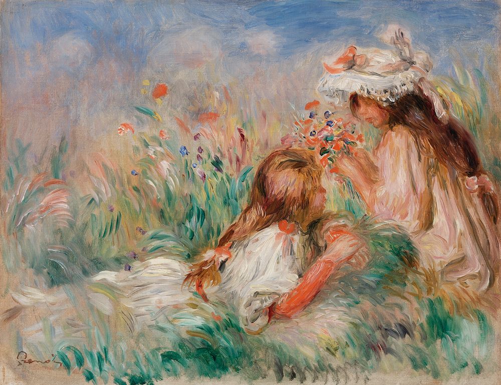 Girls in the Grass Arranging a Bouquet (Fillette couch&eacute;e sur l'herbe et jeune fille arrangeant un bouquet) (1890) by…
