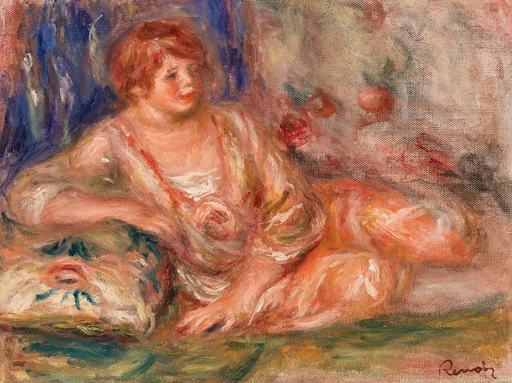Andr&eacute;e in Pink, Reclining (Andr&eacute;e en rose &eacute;tendue) (1918) by Pierre-Auguste Renoir. Original from…