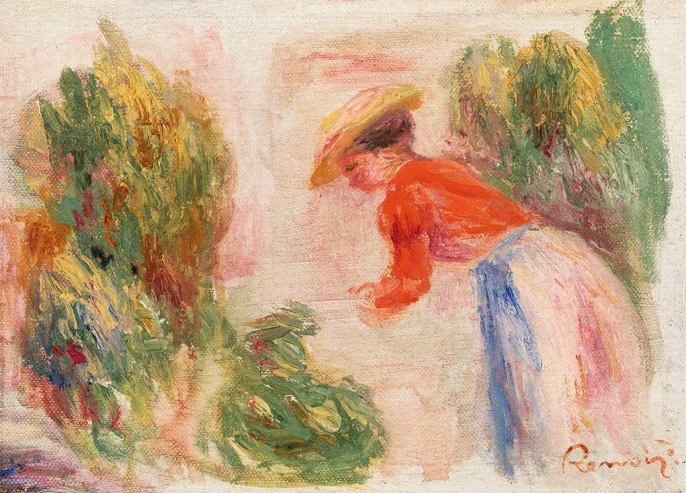 Woman Gathering Flowers (Femme cueillant des fleurs) (1906&ndash;1910) by Pierre-Auguste Renoir. Original from Barnes…