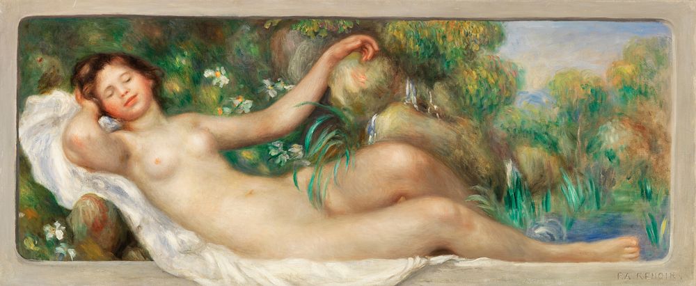 Reclining Nude (La Source) (1895) by Pierre-Auguste Renoir. Original from Barnes Foundation. Digitally enhanced by rawpixel.