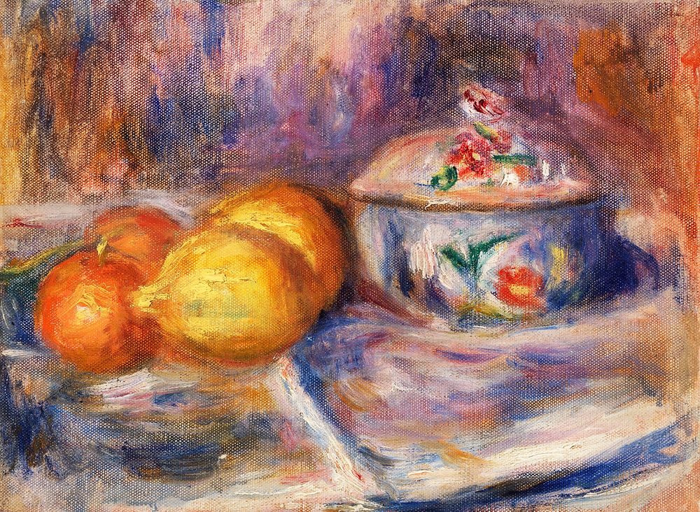 Fruit and Bonbonni&egrave;re (1915&ndash;1917) by Pierre-Auguste Renoir. Original from Barnes Foundation. Digitally enhanced…