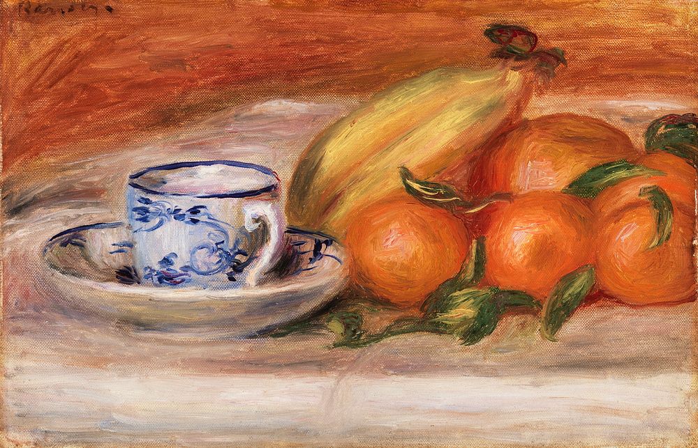 Oranges, Bananas, and Teacup (Oranges, bananes et tasse de th&eacute;) (1908) by Pierre-Auguste Renoir. Original from Barnes…
