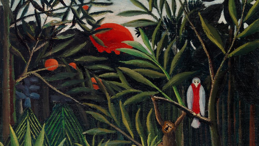Rousseau vintage wallpaper, desktop background, Monkeys and Parrot in the Virgin Forest