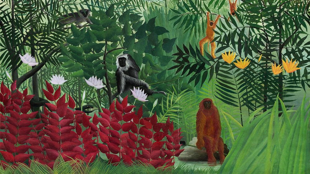 Rousseau vintage wallpaper, desktop background, Tropical Forest with Monkeys