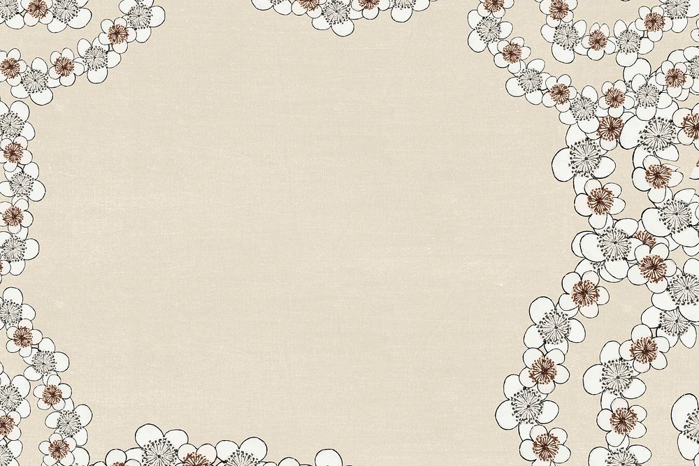 Cream Japanese plum blossom psd pattern frame, remix of artwork by Watanabe Seitei
