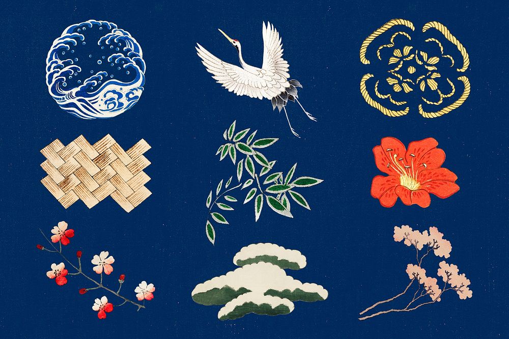 Japanese kamon ornamental element psd set, artwork remix from original print by Watanabe Seitei