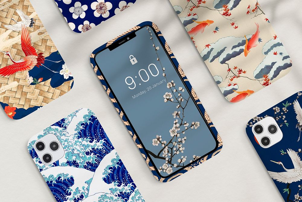Traditional Japanese mobile phone case pattern psd set, remix of artwork by Watanabe Seitei