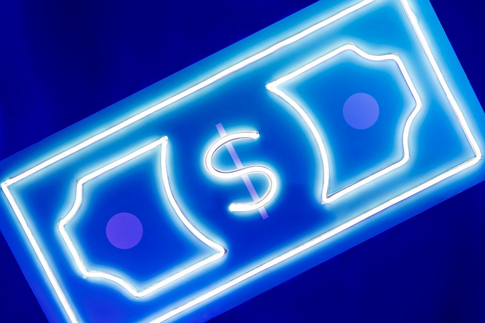 Blue dollar bill neon sign