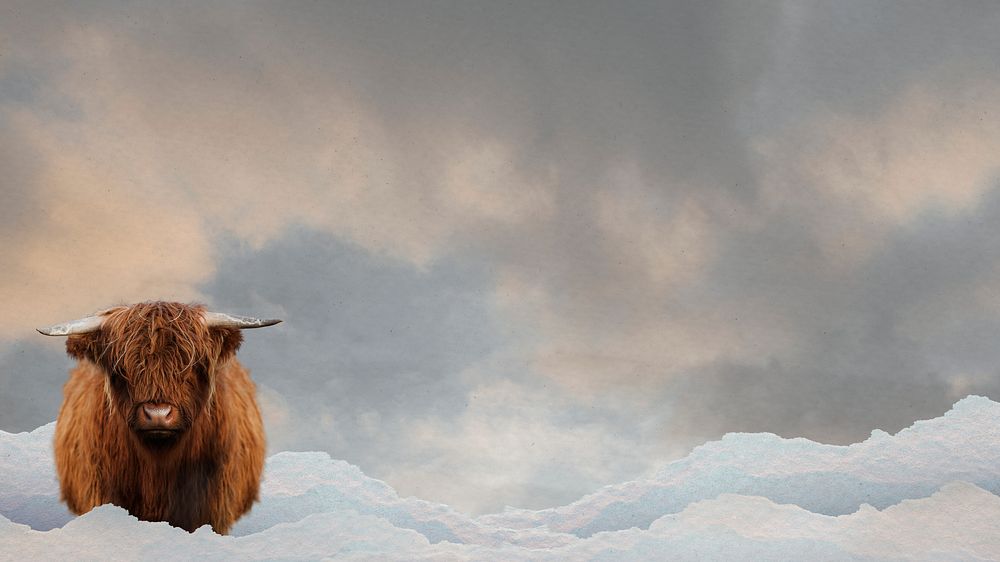 Brown highland calf in the clouds mockup