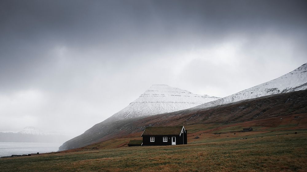 Landscape desktop wallpaper background, cabin on the hill in Saksun village, Denmark