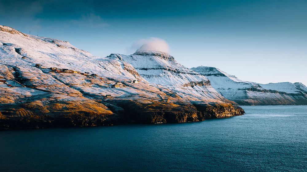 Nature desktop wallpaper background, snowy peaks in Faroe Islands