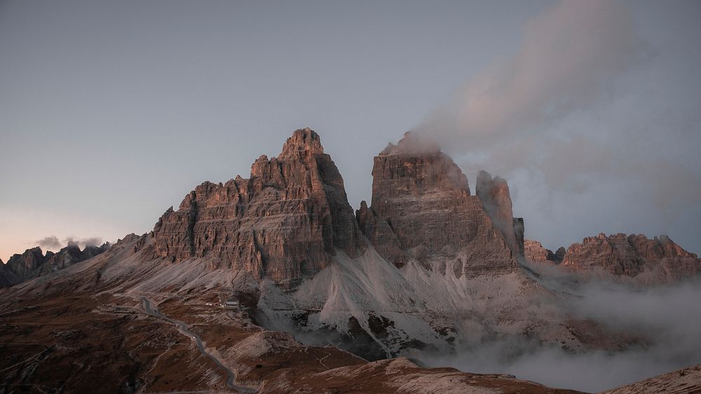 Landscape desktop wallpaper background, Dolomites mountain range during sunset, Italy