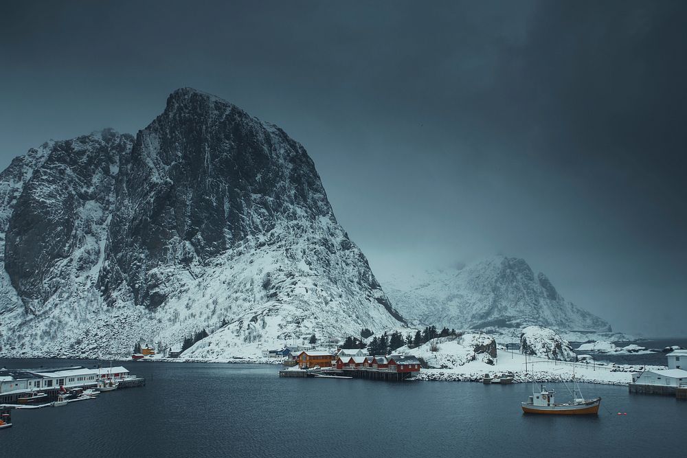 Snowy fishing village at Moskenes&oslash;ya island, Norway