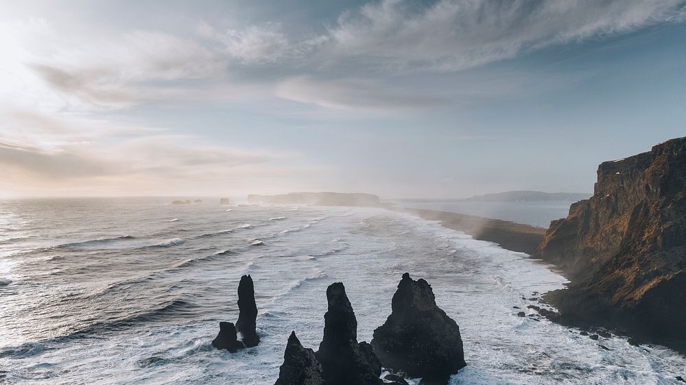 Ocean desktop wallpaper background, Reynisfjara on Iceland