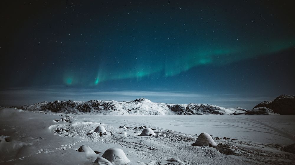 Nature desktop wallpaper background, northern lights over snowy Greenland