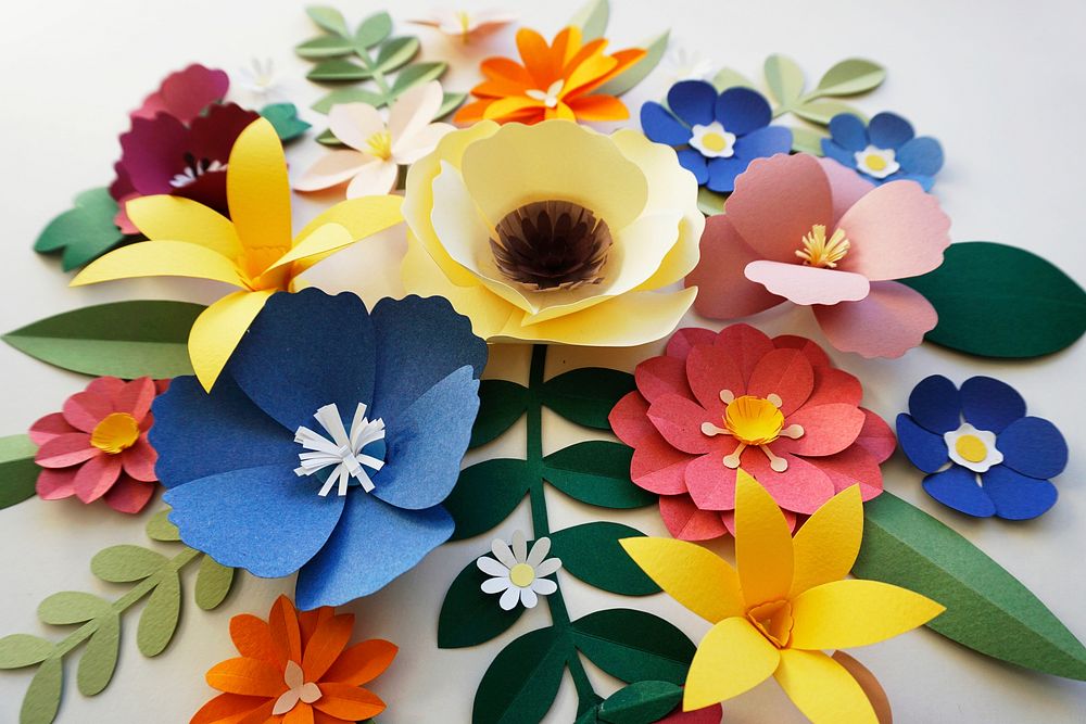 Set of flowers and plants made out of paper