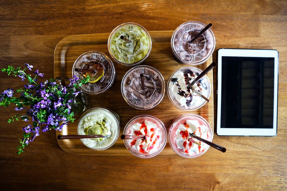 Aerial View of beverages with tablet