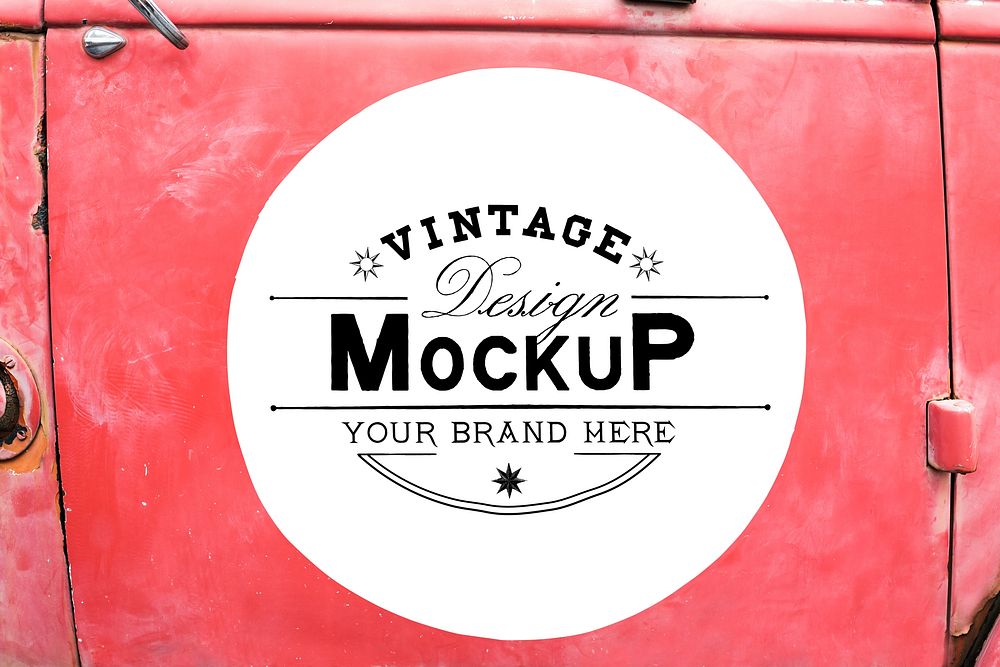 Round vintage board mockup on a red car