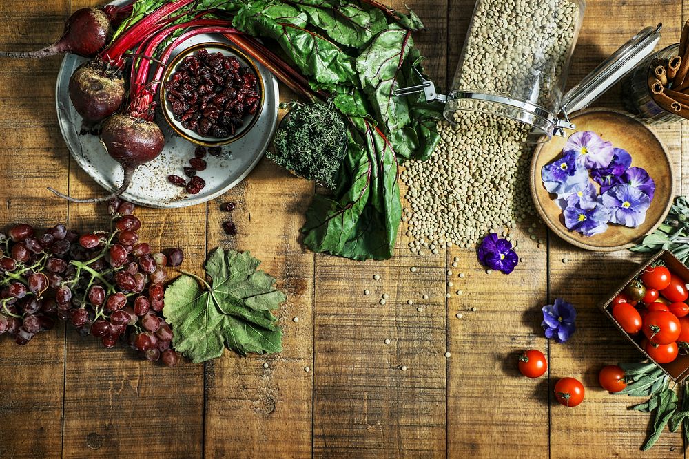 Vegan fresh cooking ingredients on a wooden table