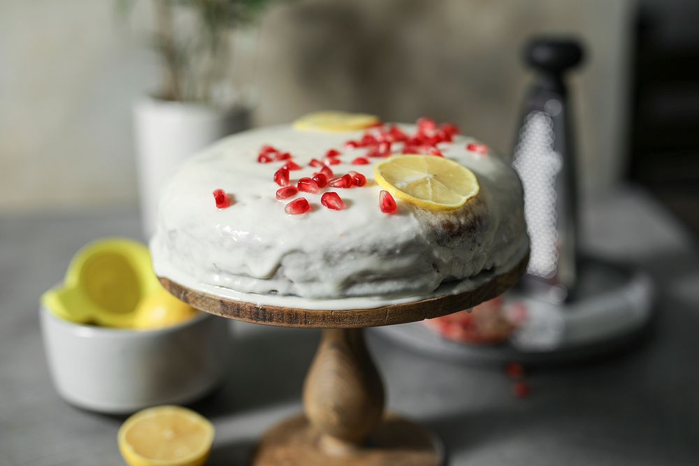 Lemon cake with pomegranate seeds