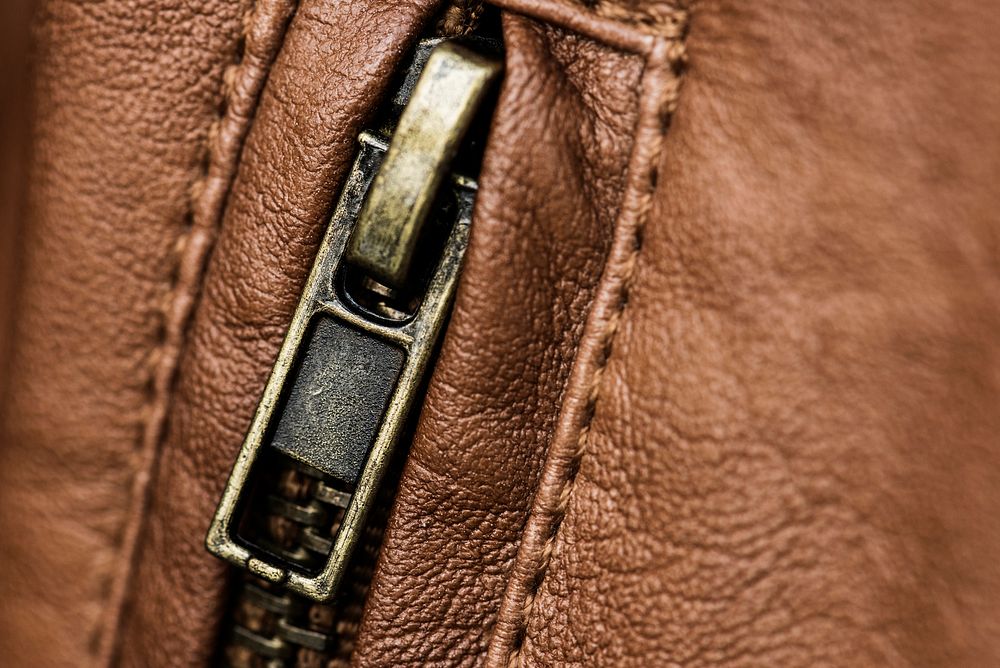 Closeup of leather jacket's zip