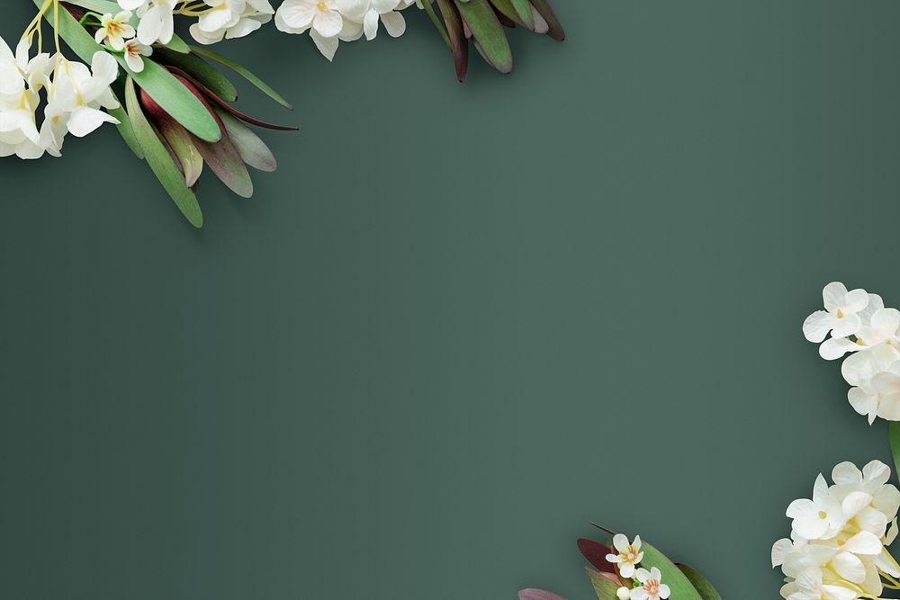 White flower pattern on green background