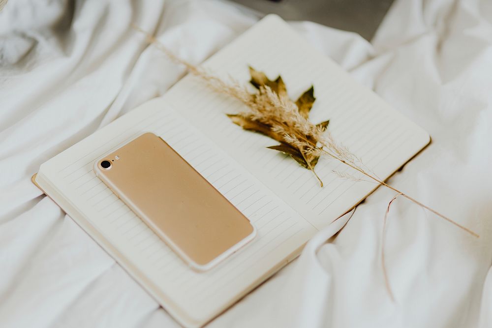 Smartphone and dried flowers on a blank notebook